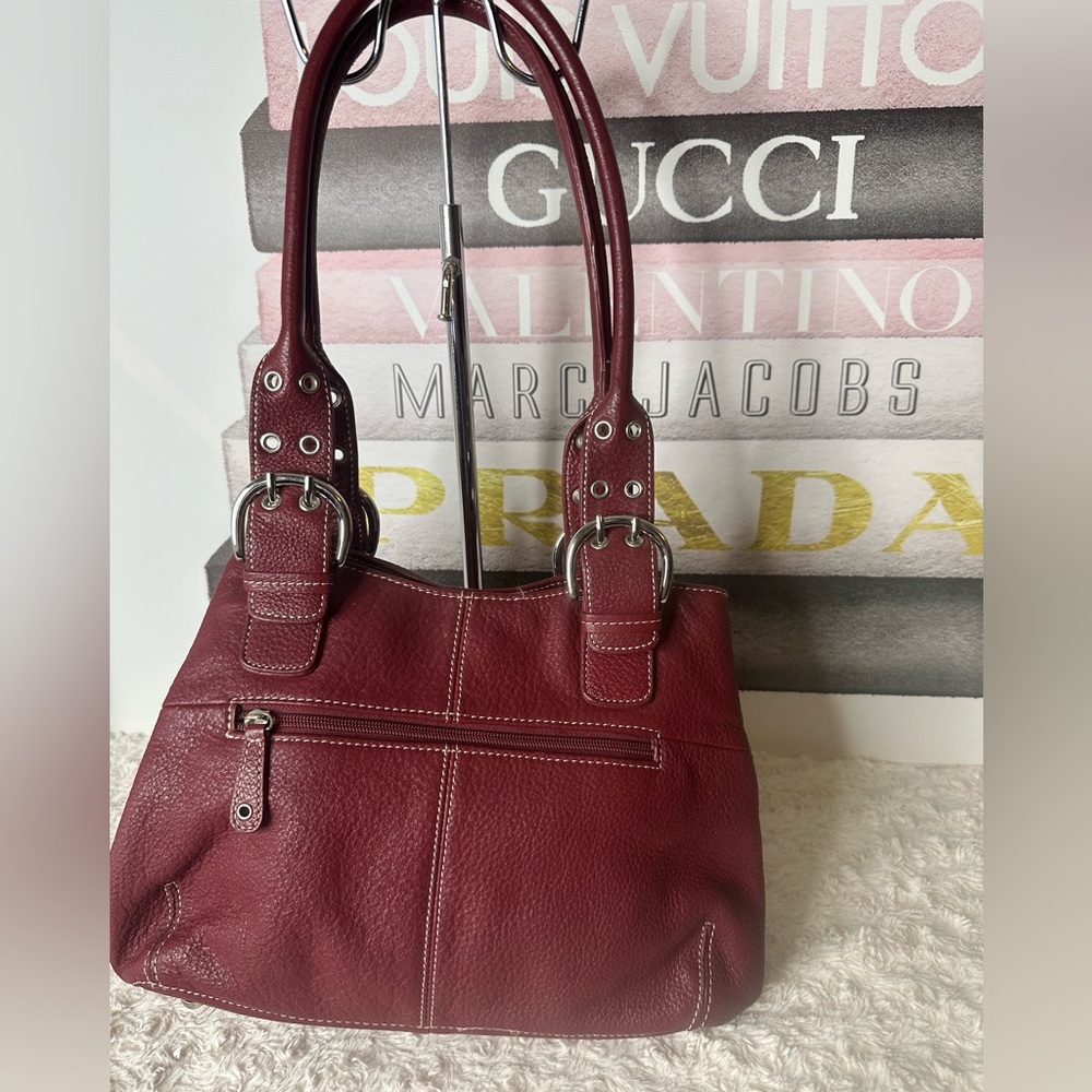 Tignanello Red Leather Silver Buckle Double Handle Purse Excellent Condition